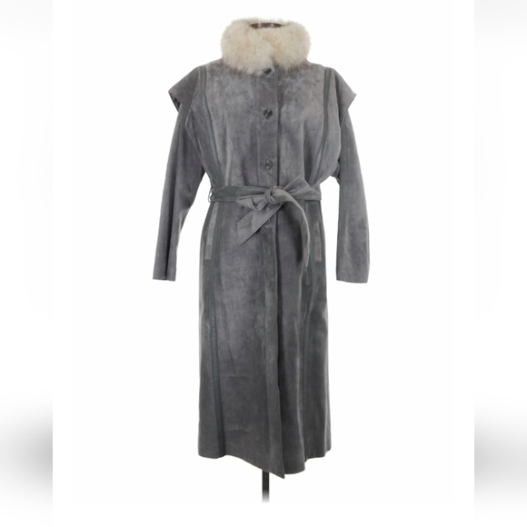 Chic Gray Trench Coat with Fur Collar